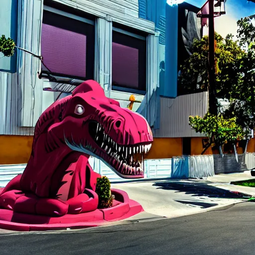 Prompt: tyrannosaurus in studio city, still from bojack horseman