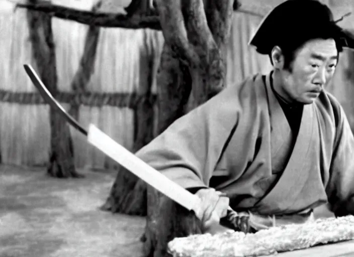 Prompt: a movie still of a samurai aggressively slicing a loaf of bread, a movie by Akira Kurosawa