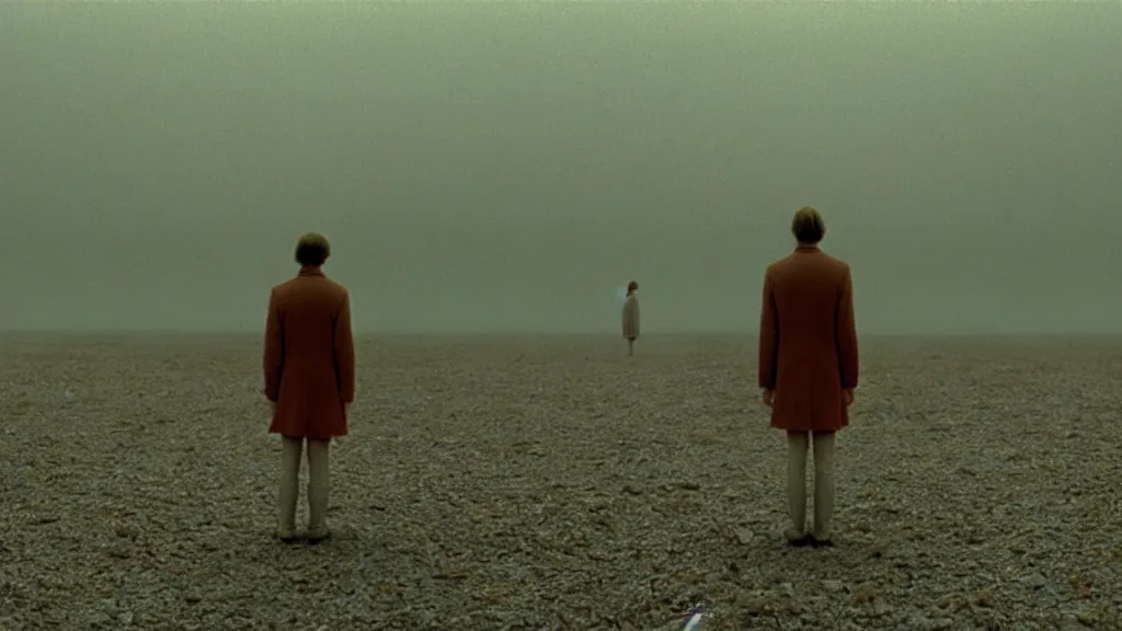 Prompt: 17 feet stepping around, film still from the movie directed by Wes Anderson with art direction by Zdzisław Beksiński, wide lens