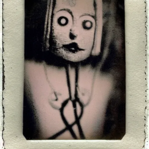 Image similar to female, unnerving, eerie, creepy marionette puppet, horrific, unnerving, clockwork horror, pediophobia, lost photograph, dark, forgotten, final photo found before disaster, polaroid,