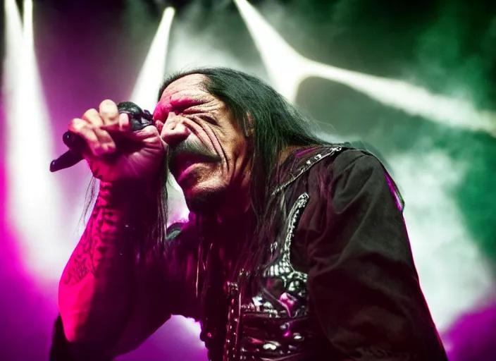 Prompt: publicity photo still of danny trejo in cradle of filth playing live on stage, 8 k, live concert lighting, mid shot