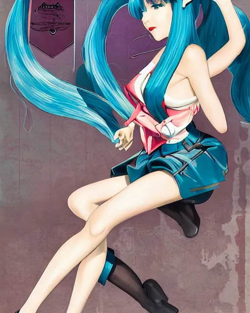 Image similar to Hatsune Miku full body pin up modeling in idol unioform, with a park in the back ground, post war style, detailed face, american postcard art style, by Gil Elvgren and Randolph Stanley Hewton and Charlie Bowater