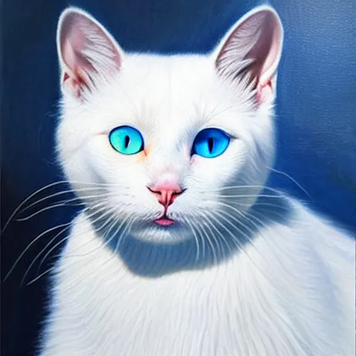 Prompt: epic professional oil painting of a white cat with light blue eyes, epic, stunning, gorgeous, intricate detail, much wow, 4K, masterpiece