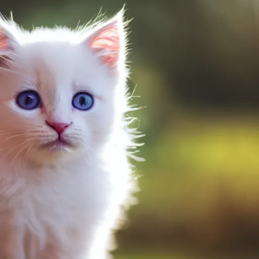 Prompt: an adorable smol fluffy white kitten with green eyes at golden hour, bokeh,