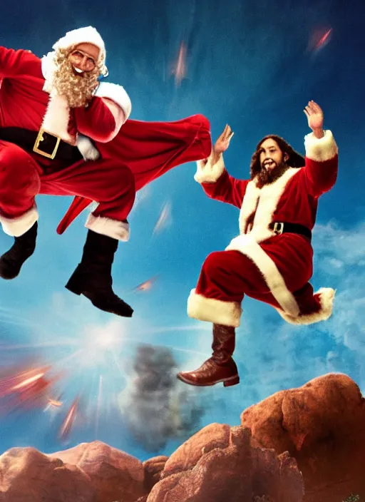 Image similar to Santa and Jesus' Totally Radical Adventure, action shot of them jumping away from an explosion towards us, cinematic shot, movie