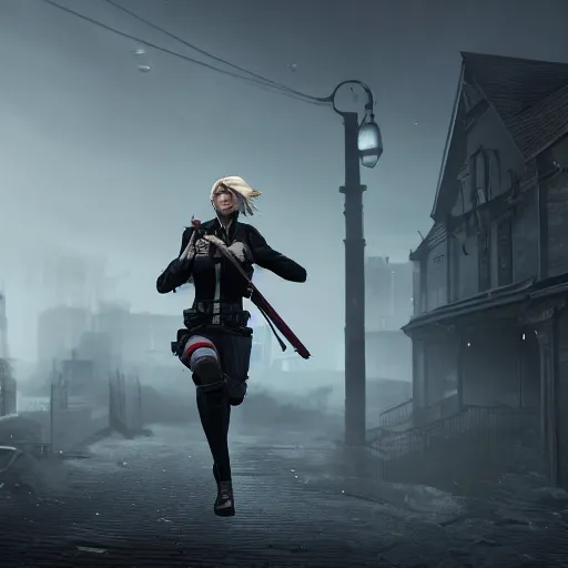 Prompt: annie leonhart in dunwall city wearing recon corps uniform running on a gothic house roof, redshift render, cinematic lighting, rainy weather, melancholy atmosphere, dunwall city, volumetric light, octane render, dishonored game, dishonored 1, gothic architecture, realistic reflections, octane render 8 k