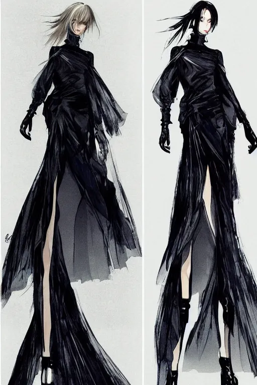 Image similar to dior haute couture dress, concept art, dark colors, high end fashion, style by yoji shinkawa, full body shot