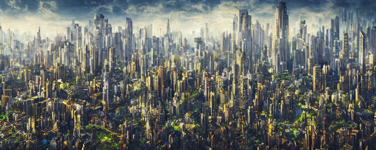 Image similar to close up skyline a futuristic yet traditional metropolis city in a utopia, matte painting, digital painting, intricate, small details, national geographic cover, award winning, 4 k, botanical garden, lush, bright, clear, smooth,