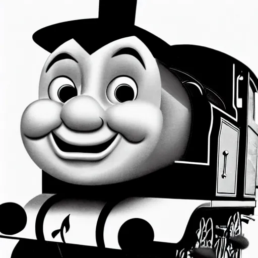 Image similar to Thomas the tank engine, gary busey face!!!!!!, cartoon, steamboat willy, monochrome 1920