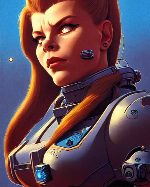 Image similar to brigitte from overwatch, character portrait, portrait, close up, concept art, intricate details, highly detailed, vintage sci - fi poster, retro future, in the style of chris foss, rodger dean, moebius, michael whelan, and gustave dore