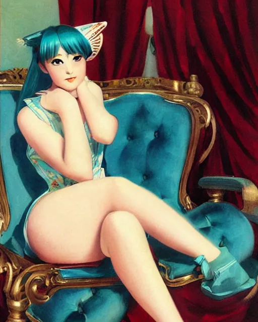 Prompt: A very beautiful painting of hatsune Miku sitting on the chair by Enoch Bolles and Gil Elvgren