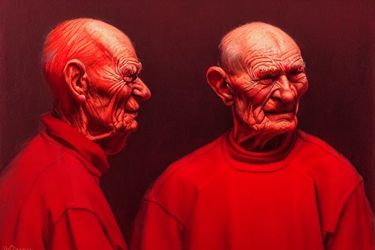 Image similar to only with red, a red old man try to sell a portrait, cheering crowd, in the style of beksinski, parts by edward hopper, parts by rodcenko, parts by yue minjun, intricate and epic composition, red by caravaggio, insanely quality, highly detailed, masterpiece, red light, artstation, 4 k