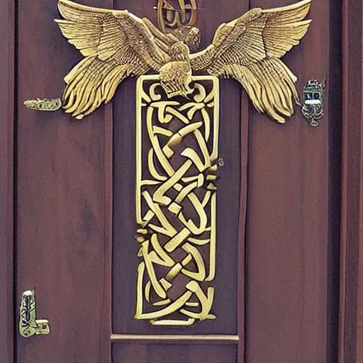 Image similar to wooden door made of gold gates nordic celtic in the top piece of a phoenix