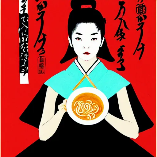 Prompt: beautiful japanese female model eating ramen soup portrait in the style of art anya taylor - joy