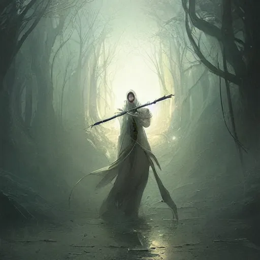 Image similar to ''cinematic shot'' white hooded mage ( specter ) holding a staff with leaves falling simetrical 8 k atmosferic realistic made by ivan aivazovsky, peter mohrbacher, greg rutkowski volumetric light effect broad light oil painting painting fantasy art style sci - fi art style realism premium prints available artwork unreal engine