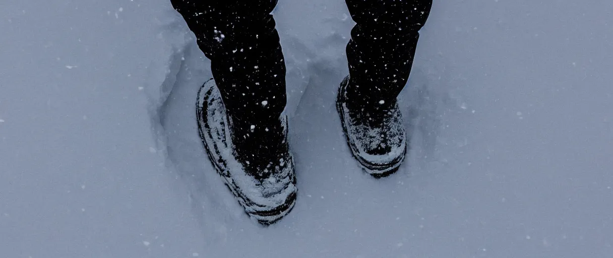 Prompt: top view extreme closeup movie like 3 5 mm film photograph of the silhouette of a man from the knees down wearing heavy boots walking through the antarctic snow during a heavy blizzard