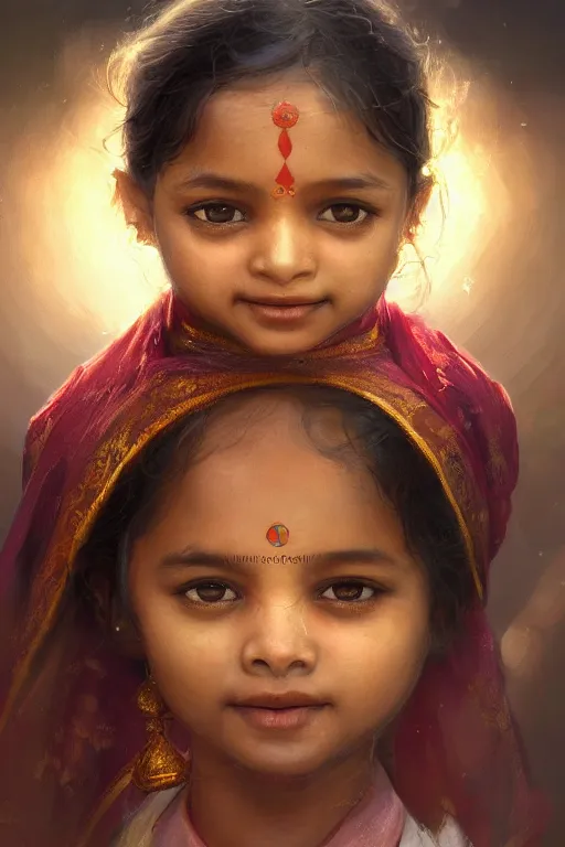 Image similar to hindu little girl, joyful, close - up portrait, intricate, elegant, volumetric lighting, scenery, digital painting, highly detailed, artstation, sharp focus, illustration, concept art, ruan jia, steve mccurry