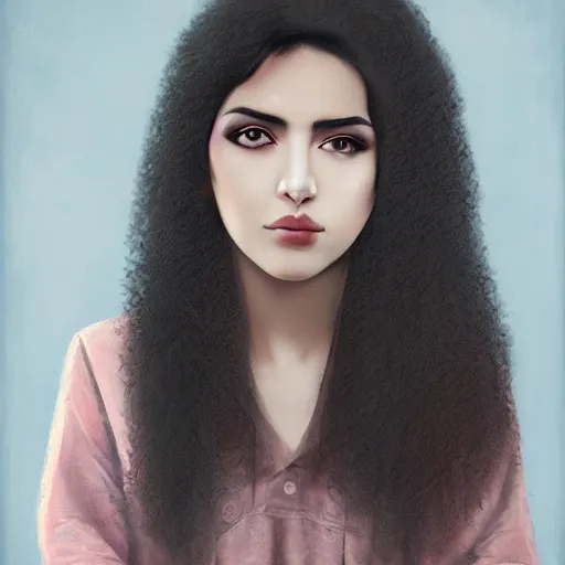 Image similar to portrait of a persian young lady with curly black hair, round face, thin lips, big brown eyes, photo, hyperrealistic, focused, detailed