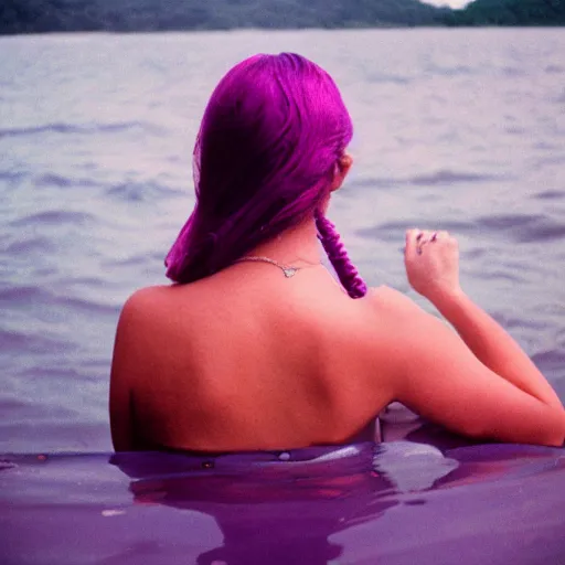 Prompt: analogue aurochrome photo of a womam with pink-purple hair alone in a boat in the sea, shot from the back, extreme long shot