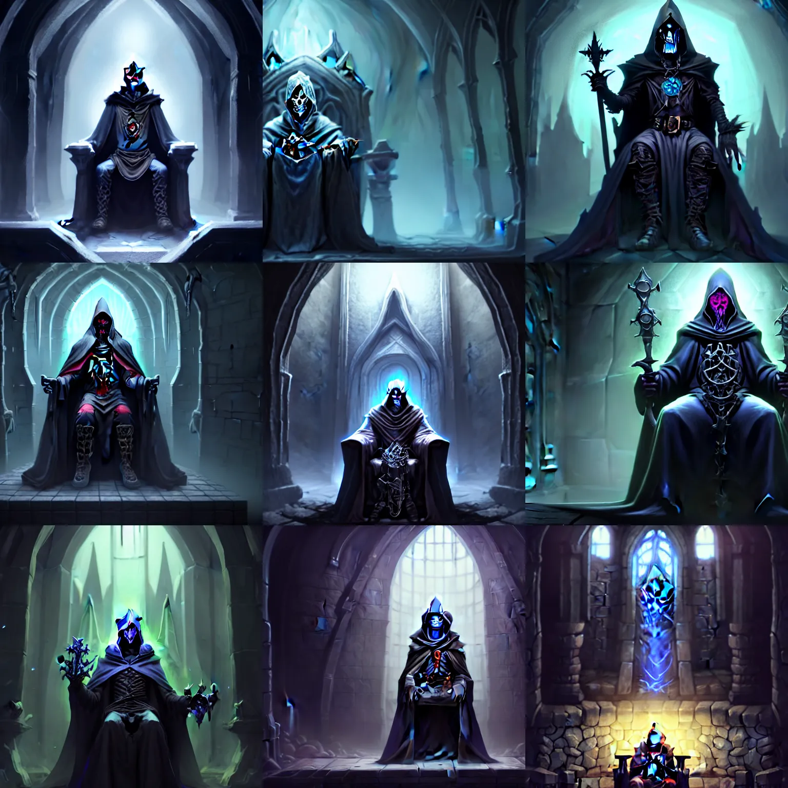 Prompt: lich wizard necromancer sitting on a throne inside dungeon crypt, wearing a dark hood and completely blank mask, gray stone wall behind him by Stanley Artgerm Lau, WLOP, Rossdraws, James Jean, Andrei Riabovitchev, Marc Simonetti, and Sakimichan, Unreal Engine, 4k, trending on Artstation