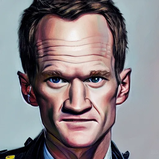 Prompt: character portrait of neil patrick harris as a cop, expressionism, artstation, trending, by aleksander rostov, jenny saville, rembrandt, alex kanevsky, wassily kandinsky