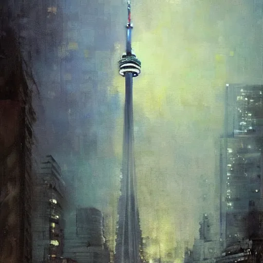 Image similar to toronto cn tower painting by jeremy mann