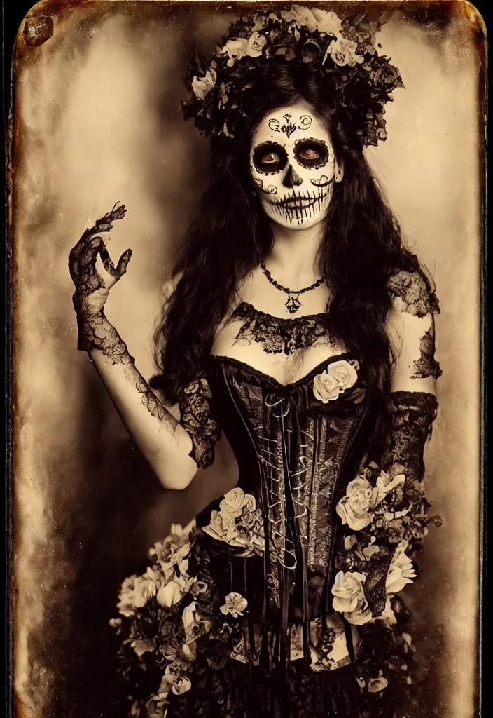 Image similar to tintype full body view, woman veiled dia de muertos dress and make up, corset garters and stockings, horrific beautiful vibe, evocative, atmospheric lighting, painted, intricate, highly detailed,