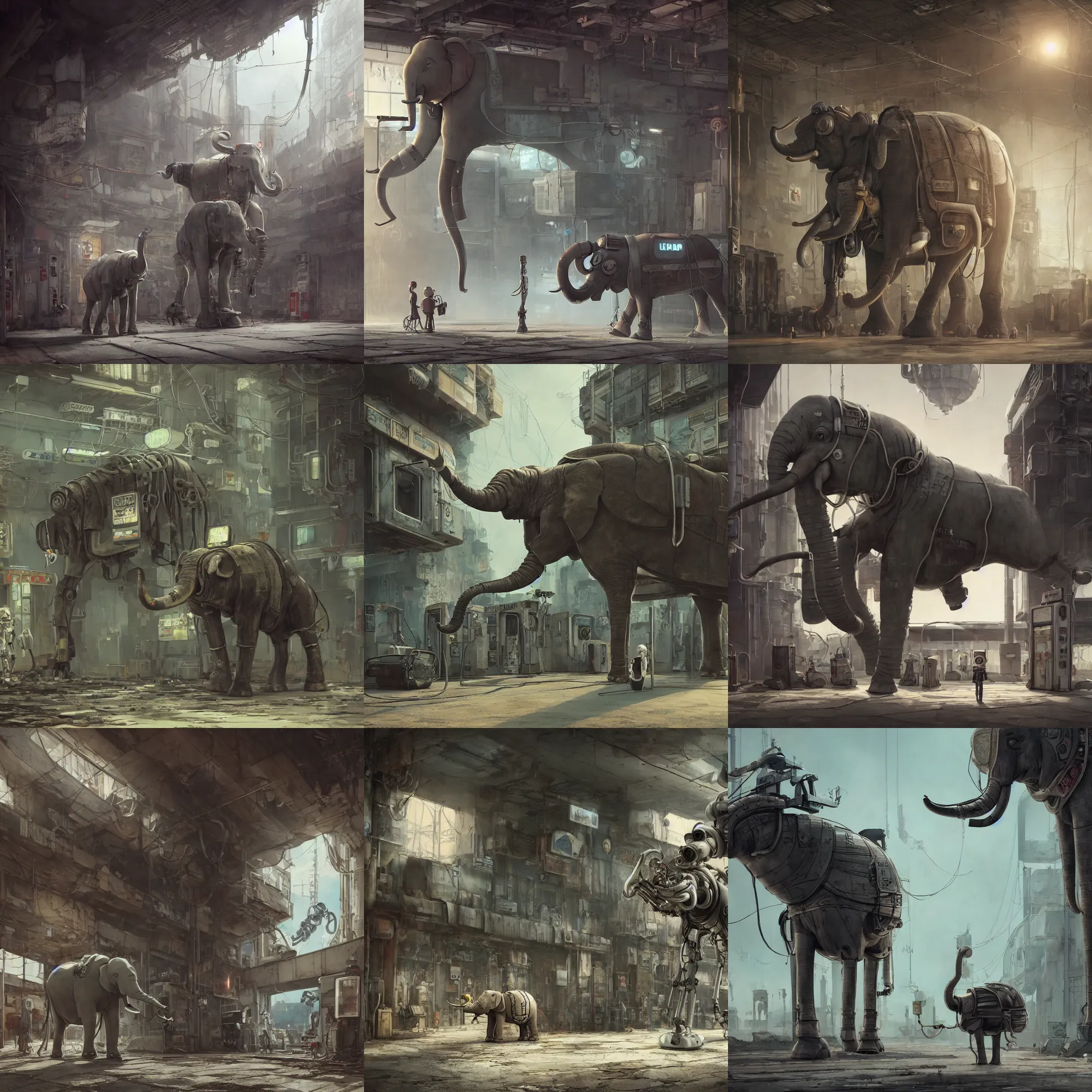Prompt: a robotic elephant walking through an abandoned gas station in the style of howl's moving castle, 7 0's science fiction comics and enki bilal, cyberpunk, mystical, 8 k, high definition, realism, octane render, cinematic lighting