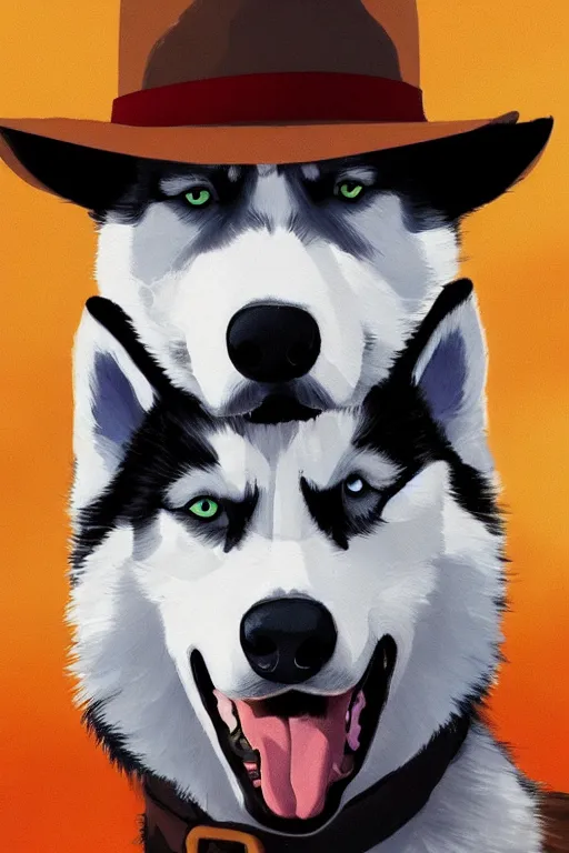 Prompt: a portrait painting of a husky in cowboy costume, wearing a cowboy hat, by studio ghibli, [ western film ], [ red dead ], trending on artstation