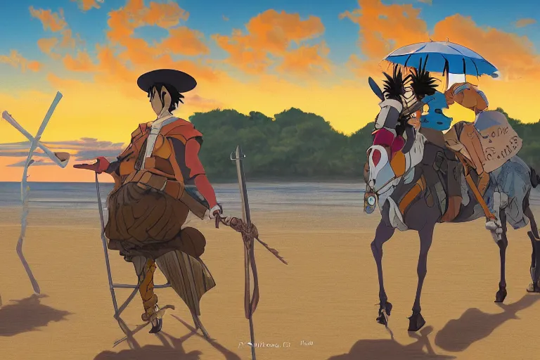 Prompt: don quijote in the beach. 4 k digital paint by studio ghibli hayao miyazaki. very sharp and detailed. trending on artstation and behance.