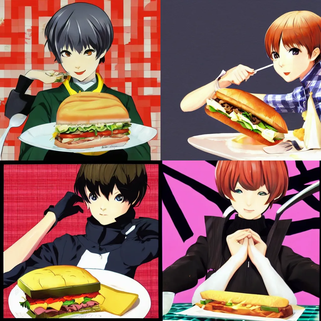 Prompt: chie satonaka eating a huge sandwich, persona 4, shigenori soejima illustration