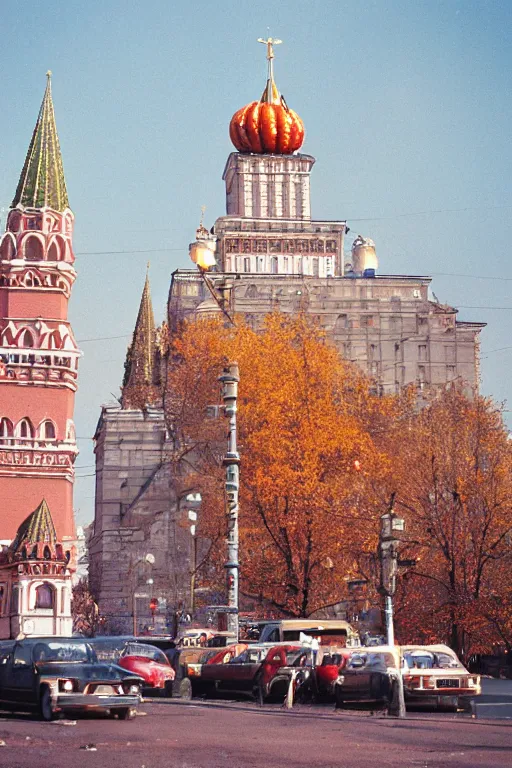 Image similar to a lomographic photo of moscow, autumn, cinestill, bokeh