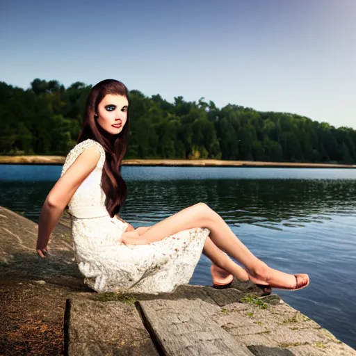 Image similar to elegant princess sitting by a lake, purple eyes, realistic, 8 k, award winning photography