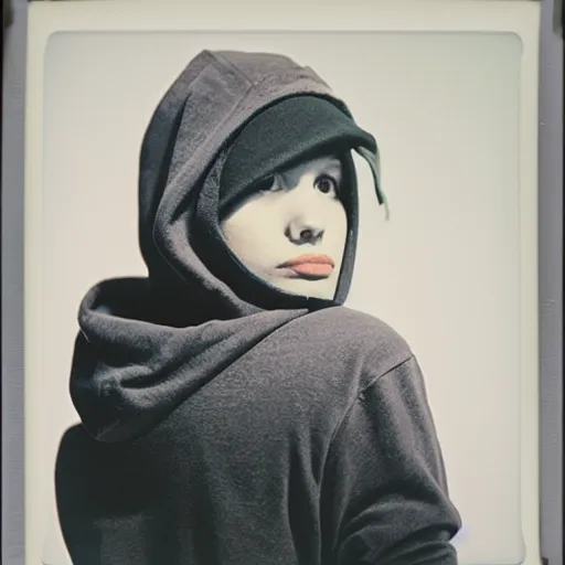 Image similar to medium-shot neat polaroid photo of a bird in a hoodie, 80s, colour, by Andy Warhol