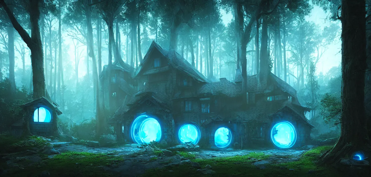 Prompt: random scary forest house landscape, round glowing blue neon portal door, incredible, vector art, octane render, fabulous, hyper detailed, random cinematic view, no noise, global illumination, warm lighting, volumetric, godrays, vivid, beautiful, by jordan grimmer