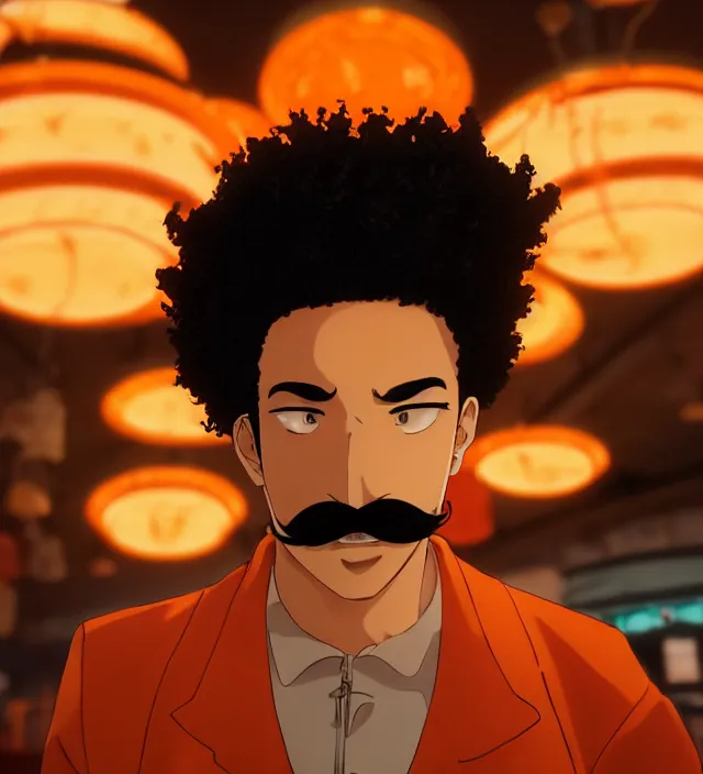 Image similar to close - up anime still of ( ( charming!!!!! latino middle - aged anime protagonist with curly afro and moustache!!! tilting his head charmingly ) late night in an anime bar, cozy lights, detailed orange atmosphere. cinematic rim lighting, global illumination, trending on artstation, hypdertailed, perfect shading, dreamy, masterpiece