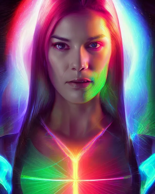 Image similar to a powerful energy holographic matrix woman, by alexander fedosav, hyper detailed digital matte painting, concept art, hyperrealism, 1 6 k resolution, cinema 4 d, 8 k resolution, trending on artstation, behance hd, a masterpiece, by stephan martiniere, particles, cel - shaded, power bright neon energy, by david a. hardy,