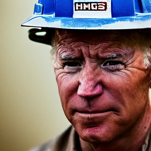 Prompt: Joe Biden as a roughneck oil field worker, high detail, portrait, close up, dirty, hard hat, oil, grit