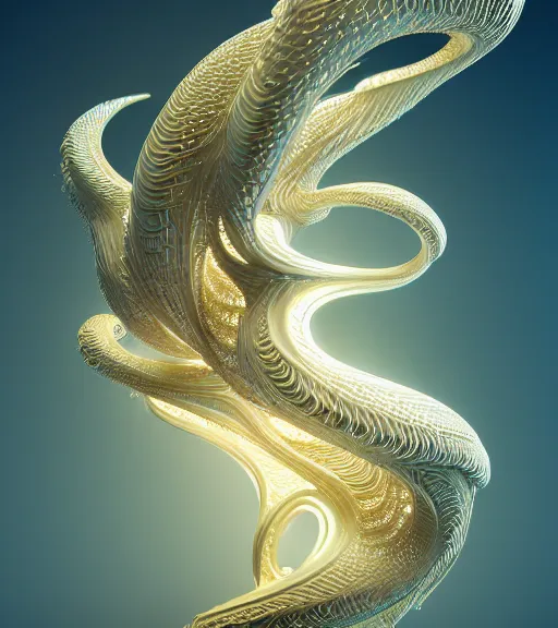 Image similar to abstract organic ornament in fluid creature, white and gold biomechanic plastic, glow lighting, fantasy, intricate, elegant, highly detailed, lifelike, photorealistic, octane render, 3d, concept art, smooth, sharp focus,