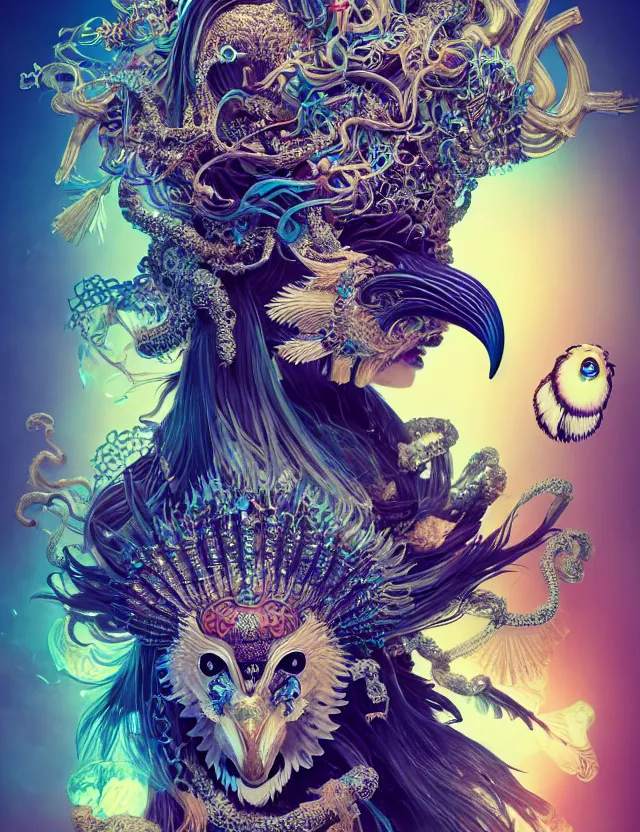 Image similar to goddess macro close - up portrait with crown, ram skull. beautiful intricately detailed japanese crow kitsune mask and clasical japanese kimono. betta fish, jellyfish phoenix, bioluminescent, plasma, ice, water, wind, creature, artwork by tooth wu and wlop and beeple and greg rutkowski