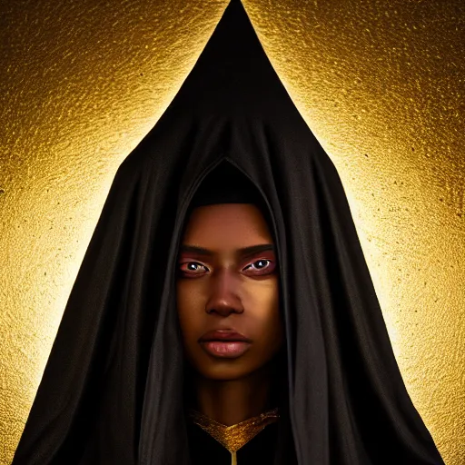 Image similar to a portrait of a young black woman wearing a long dark cloak, hood and shadows covering face, wearing shiny gold, oil painting, matte painting, black background, Volumetric Golden dappled dynamic lighting, Highly Detailed, Cinematic Lighting, Unreal Engine, 8k, HD, by Beksinski