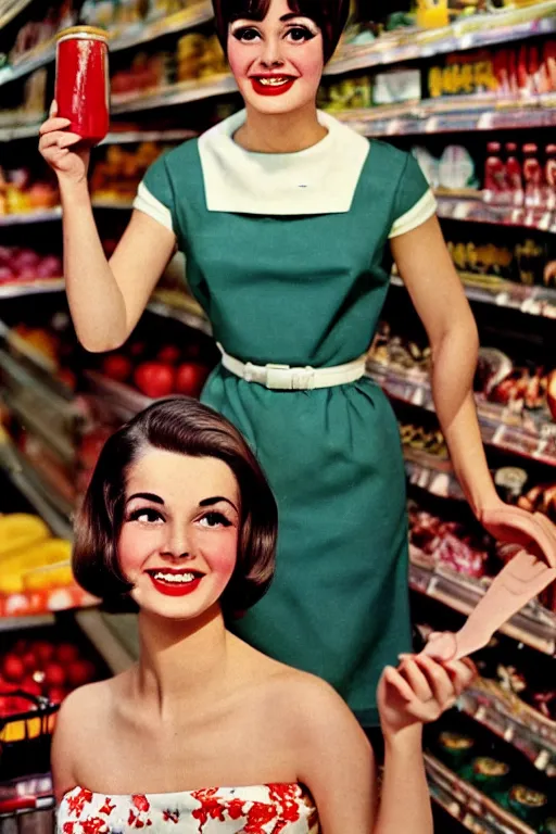 Prompt: kodachrome sharply focused photograph, waist - up photo 1 9 6 0 s brunette woman points up with a smile in a supermarket, exquisite features, feminine cut, floral summer frock, nick knight studio lighting,