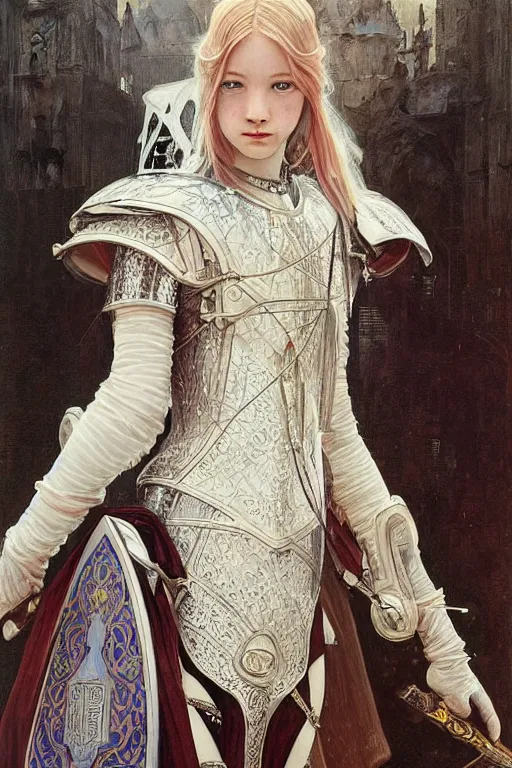 Prompt: beautiful luxury and holy and victorian and divine young female medieval white armor knight portrait like lisa blackpink+shinny eyes+front face with light flowing hair, ultradetail face, ruined gothic cathedral, art and illustration by tian zi and craig mullins and WLOP and alphonse mucha, ssci-fi, fantasy, intricate complexity, human structure, hypermaximalist, fantasy character concept, dynamic lighting, neon light, watermark, blurry, hyperrealism 8k