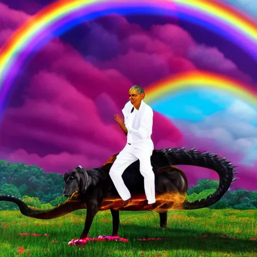 Prompt: barack obama riding a pink dragon breathing rainbows, 8k, hyperrealism, magic