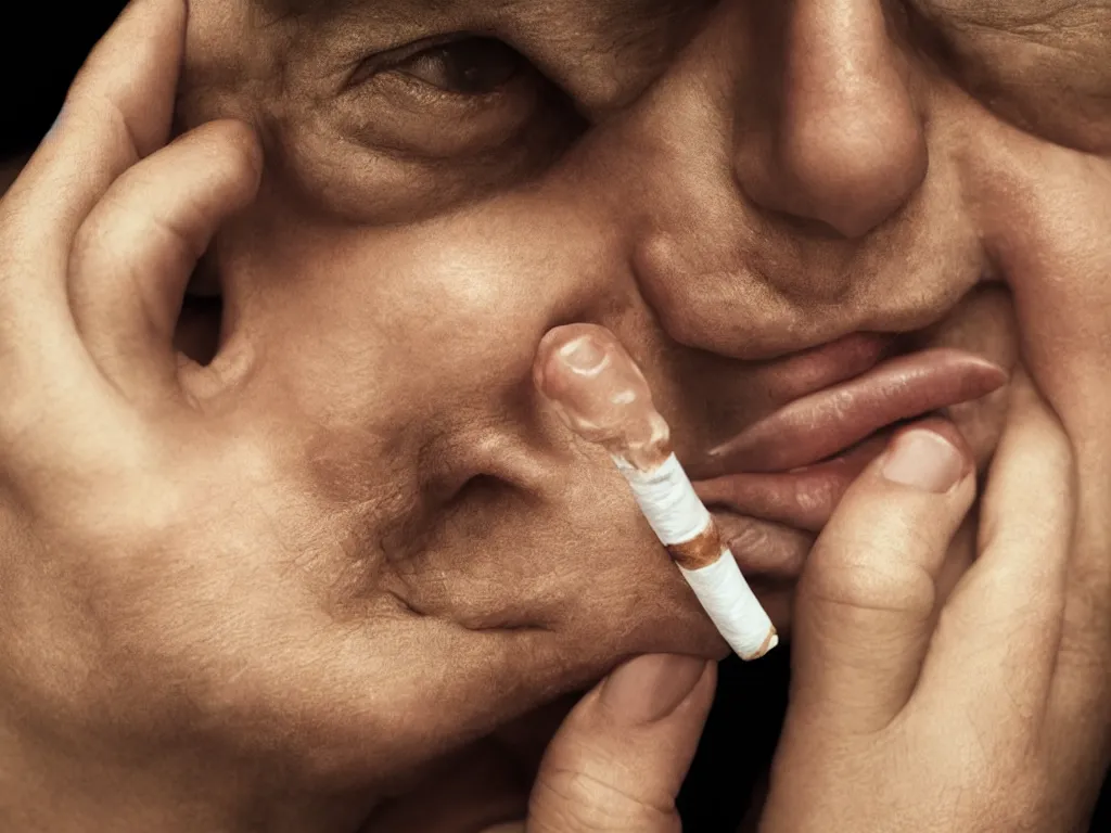 Prompt: Close-up view of hyperrealistic thin soft hand holding cigarette with smoke, by Martin Schoeller, hyper realism, 4K