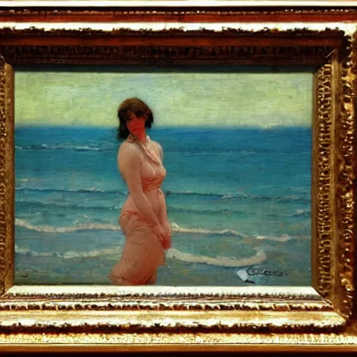 Image similar to woman on the beach, dean cornwell style,