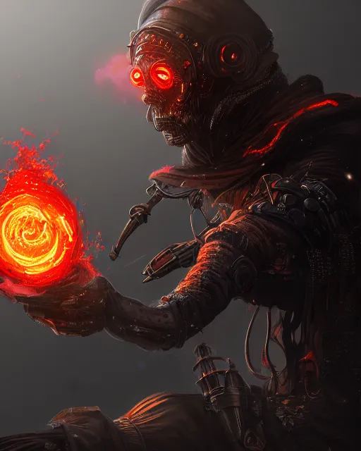 Image similar to a portrait of dark mage casting fire - ball and shoot it, cyberpunk concept art, trending on artstation, highly detailed, intricate, sharp focus, digital art, 8 k