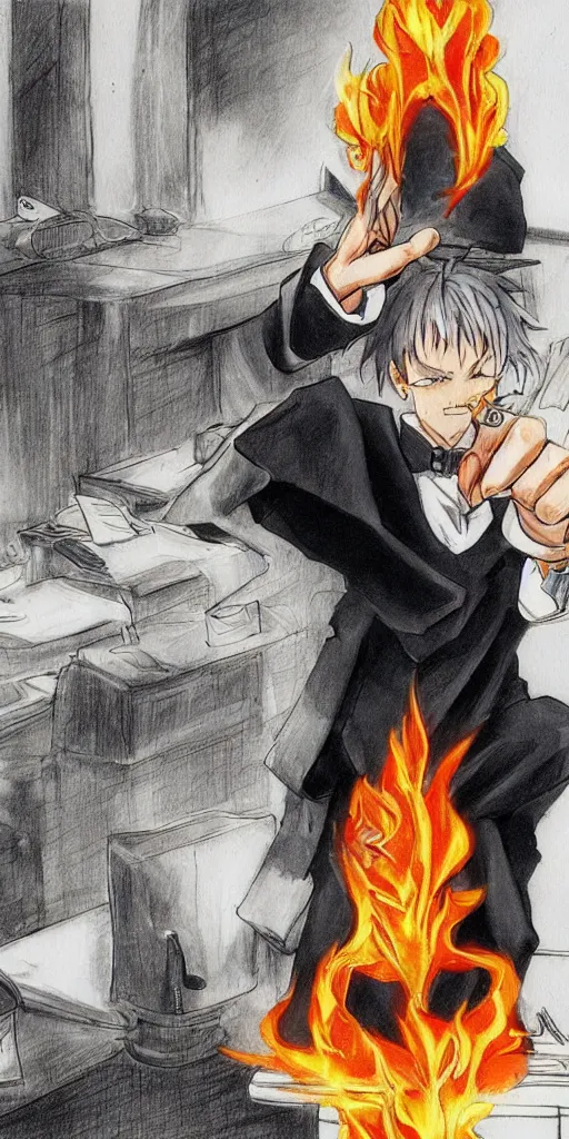 Prompt: powerful anime judge with a magic gavel on fire, in a court room with a scale on his desk, drawn by a famous anime artist, high quality, fine lines, amazing detail