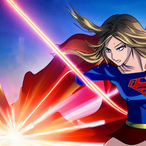 Image similar to anime visual of supergirl, shooting laser from its eyes, official media