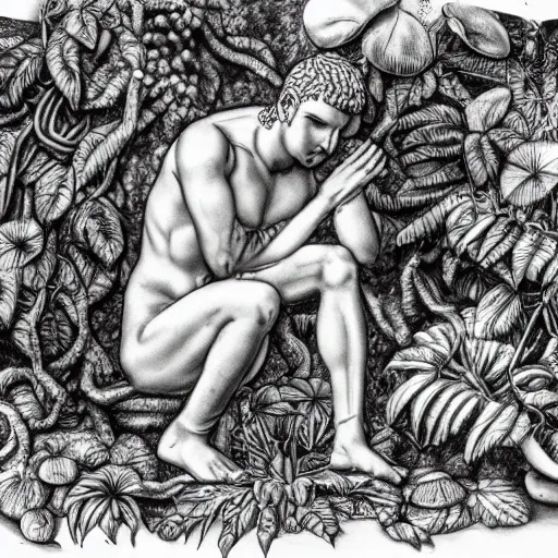Image similar to botanical sketch of The thinker sculpture with a mechanical/cybernetic head, mushrooms and peyote/san pedro at the base, surrounded by a lush jungle and morning glory vines, high detail, b&w,